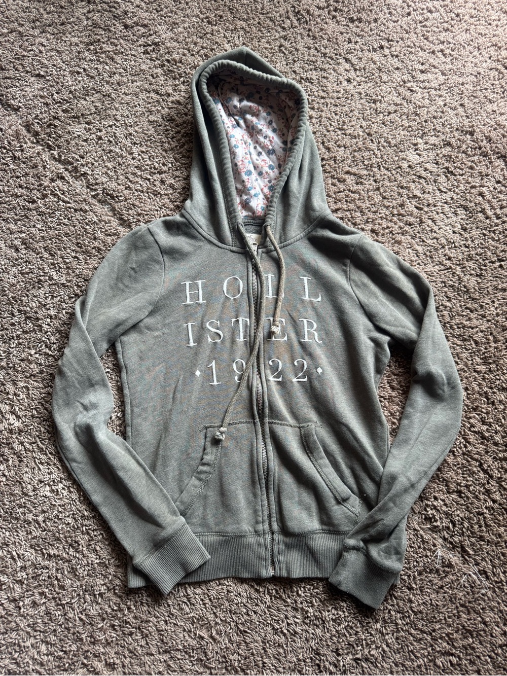 2010s Hollister Sage Green Full-Zip Hoodie with Floral-Lined Hood